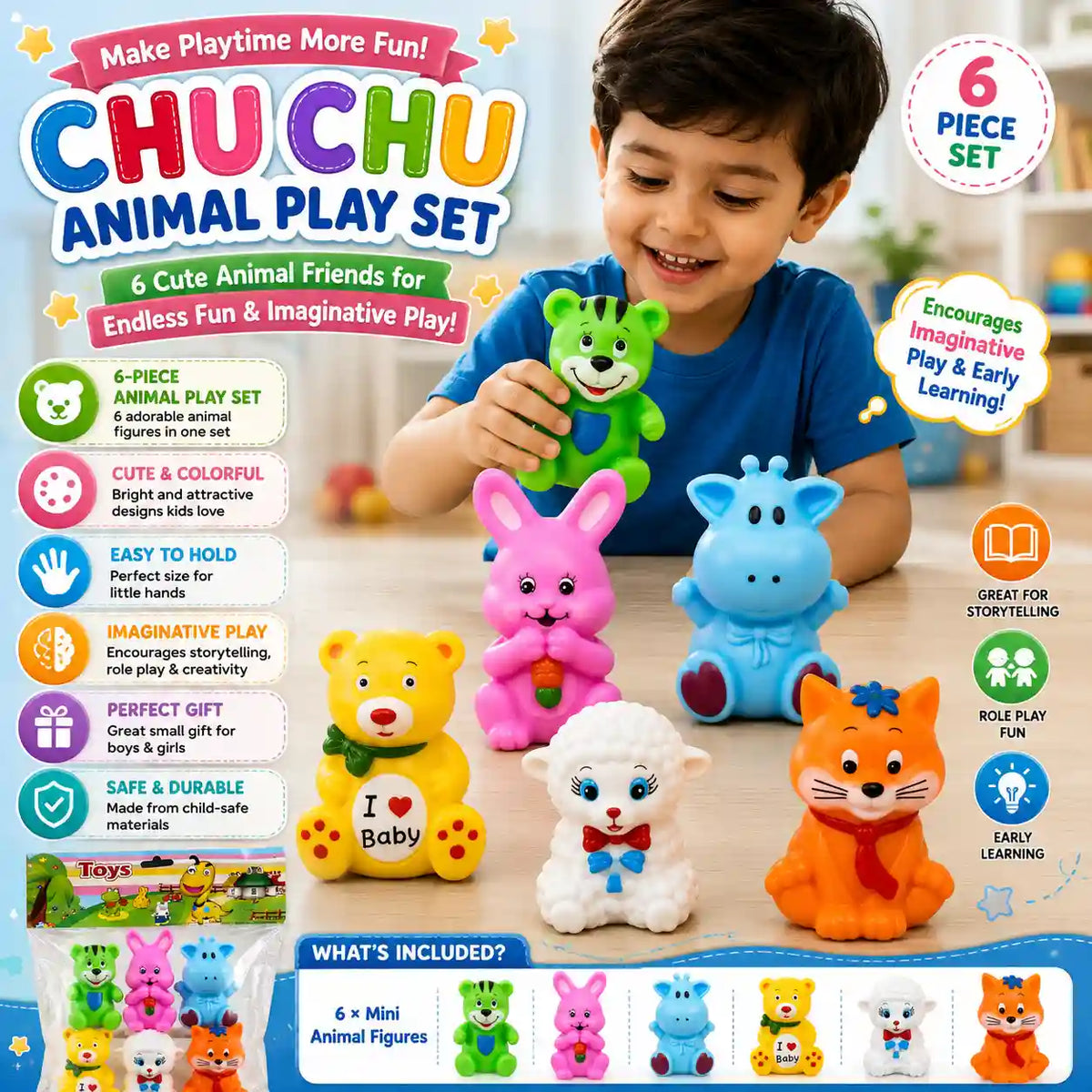 Chu Chu Animal Play Set – 6-Piece Colorful Mini Animal Figures