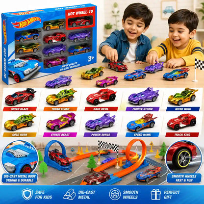 10-piece colorful die-cast style racing toy car set for kids aged 3+ years