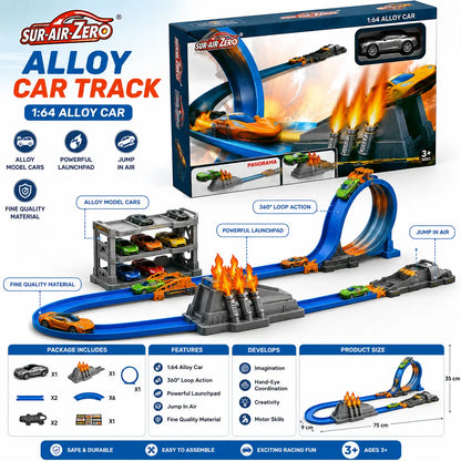 1:64 alloy car track set with blue stunt track, loop, launchpad and jump ramp
