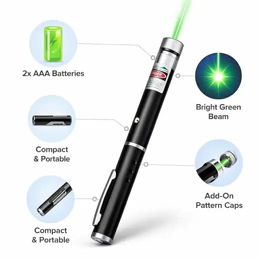 Green Laser Pointer with Multiple Pattern Caps | Battery Operated Laser Pen