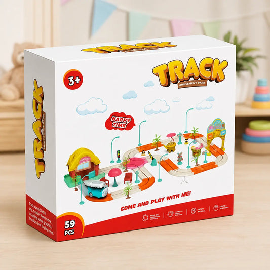59 PCS amusement park track play set with light-up battery-operated car and colorful park accessories
