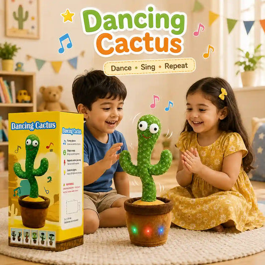 A child-friendly product photo showing a young boy and girl sitting on a rug next to a potted dancing cactus toy and its retail box. The scene is decorated with bunting and toys in the background, with 'Dancing Cactus' written in large text at the top.