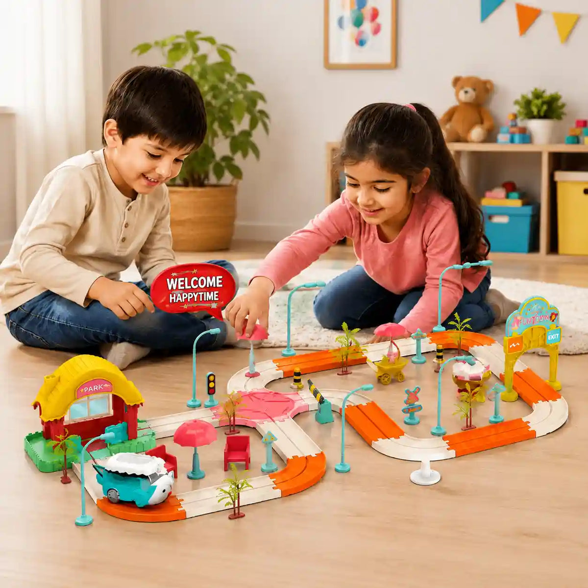 Two children playing with a colorful toy train track set on a wooden floor in a bright room. The set includes curved tracks, small train cars, signal posts, miniature trees, and a station with a red sign that reads 'WELCOME HAPPYTIME'.