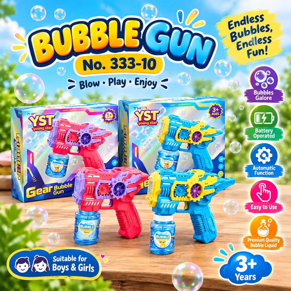 Automatic battery-operated bubble gun toy with colorful gear design for kids