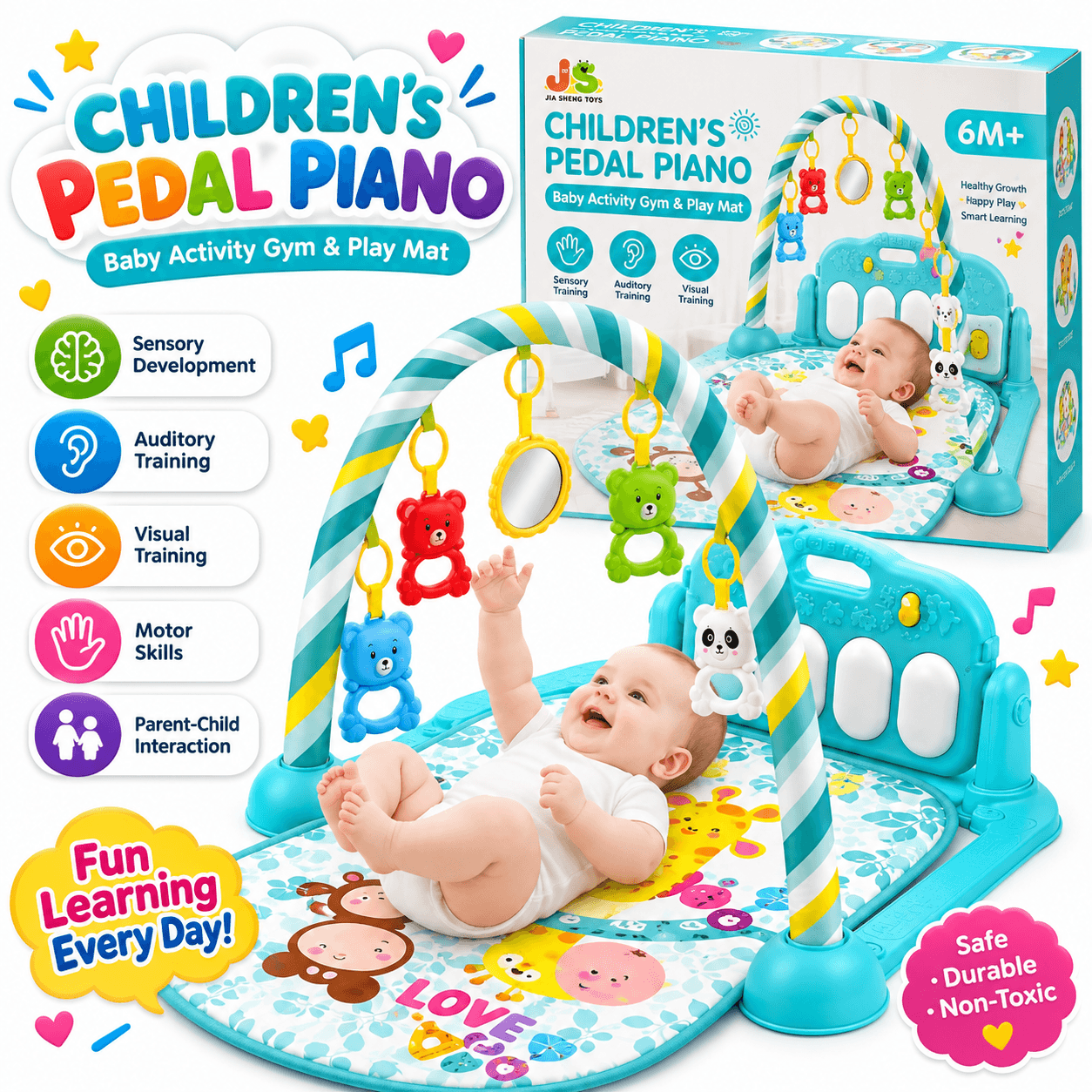 Baby pedal piano play gym with musical keyboard, soft activity mat, and hanging toys for infants