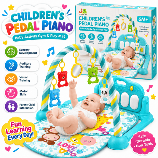 Baby pedal piano play gym with musical keyboard, soft activity mat, and hanging toys for infants