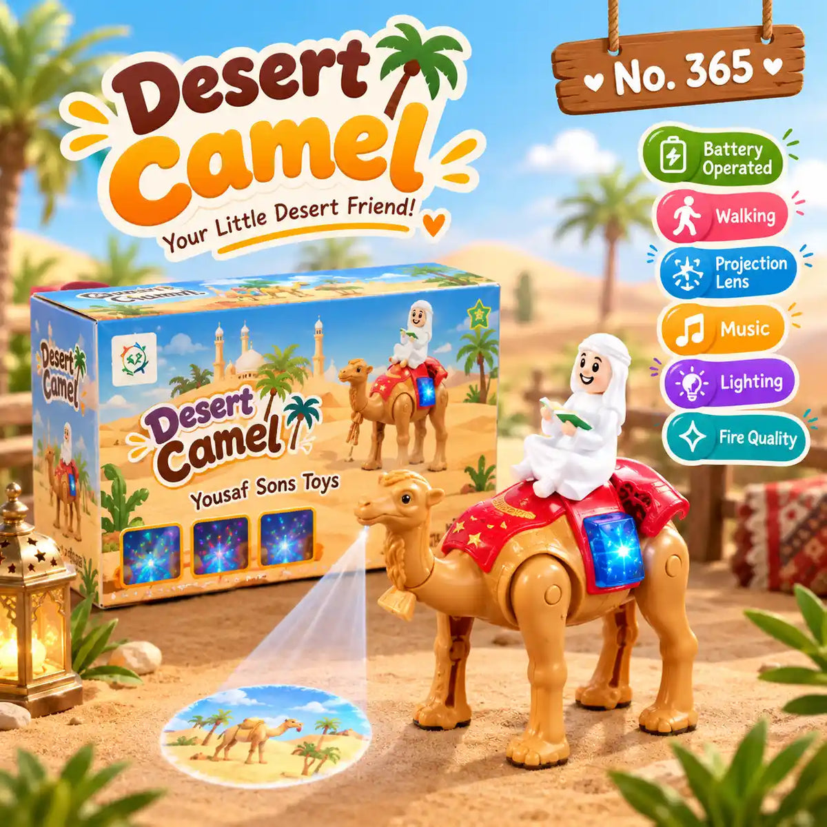Battery-operated walking camel toy with projection, music and colorful lights