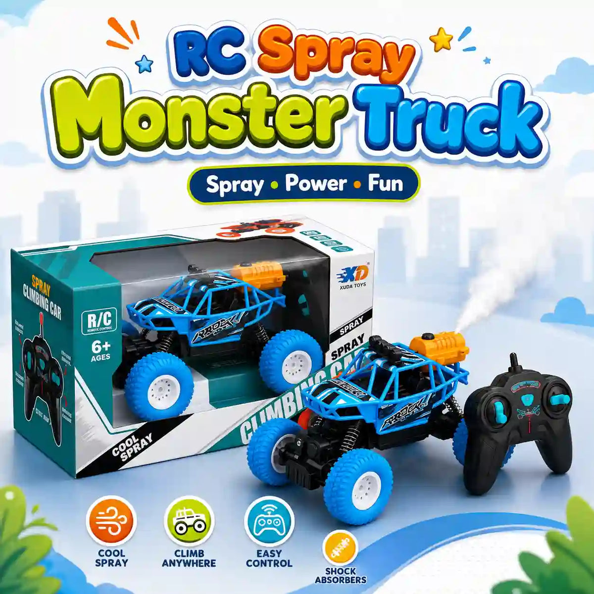 Blue and black RC spray monster truck toy set with its retail box and remote controller, shown on a light blue graphic background with promotional text and feature icons.