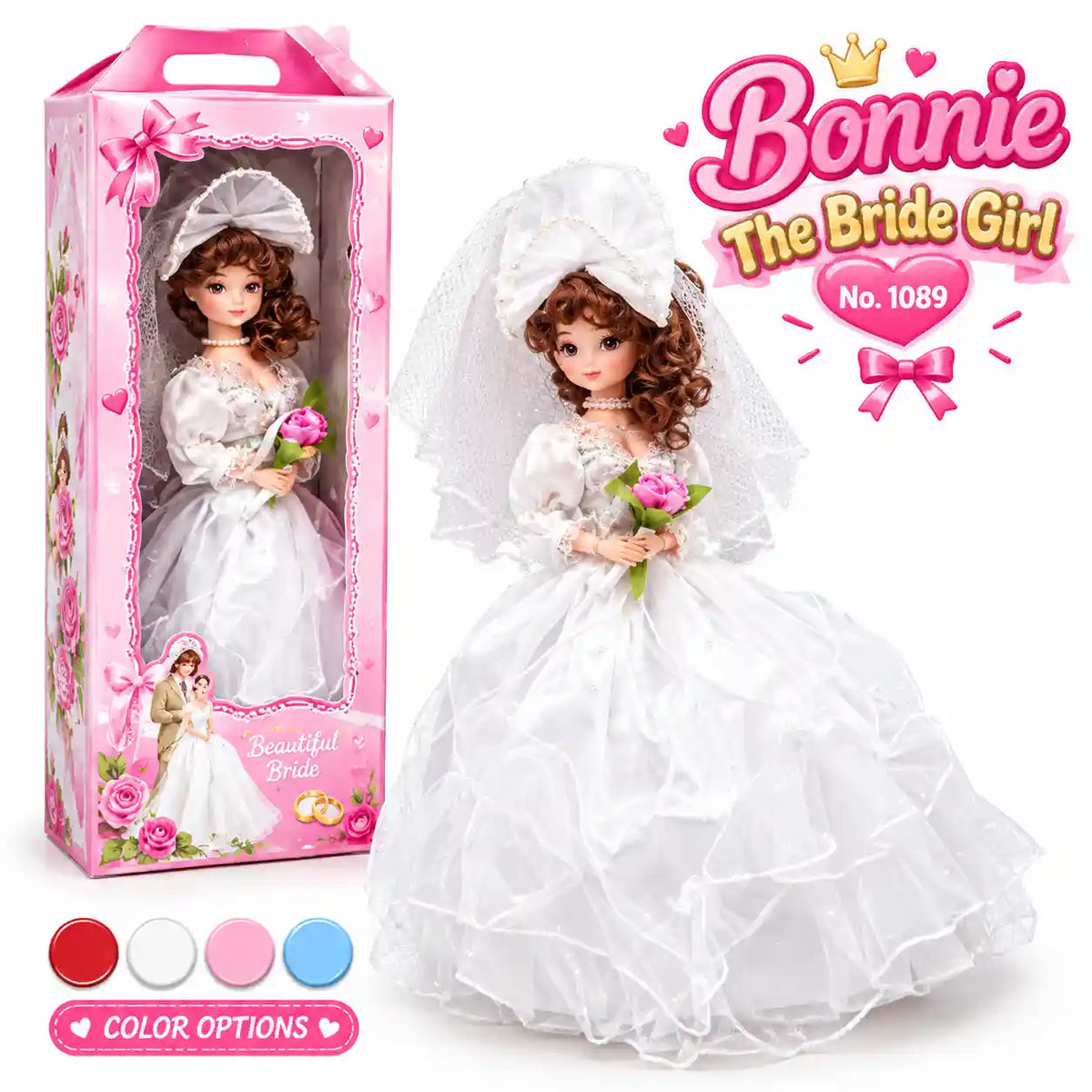 Bonnie bride girl doll wearing a white wedding dress and veil