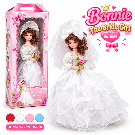 Bonnie bride girl doll wearing a white wedding dress and veil