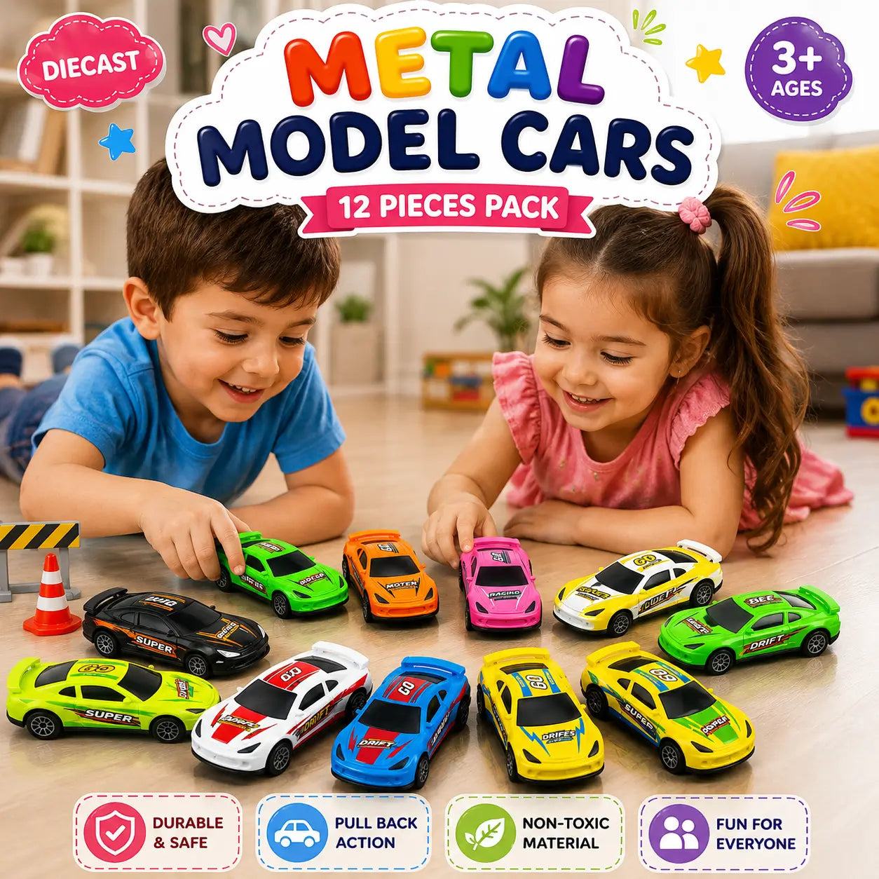 Die-Cast Metal Model Cars – 12 Piece Racing Car Set for Kids