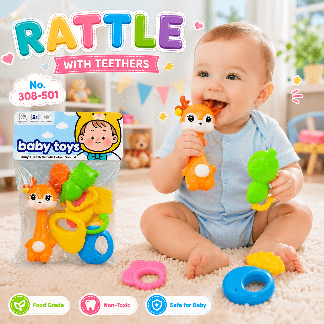 Baby Rattle & Teether Toy Set – Colorful Infant Sensory Toys