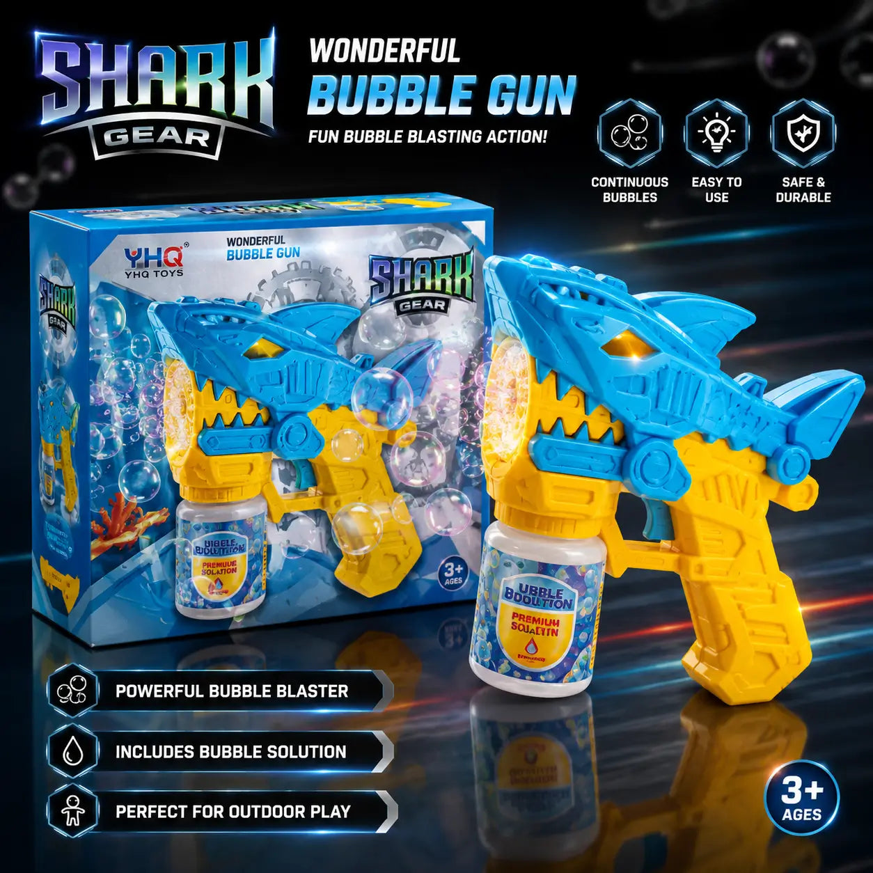 Shark Gear Bubble Gun Toy with Bubble Solution – Blue & Yellow
