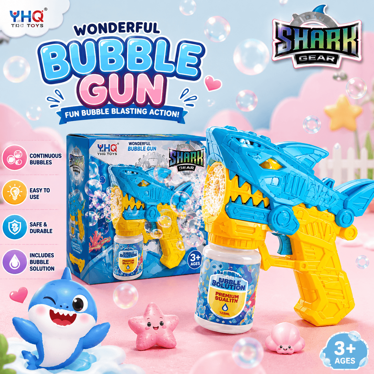 Shark Gear Bubble Gun Toy with Bubble Solution – Blue & Yellow