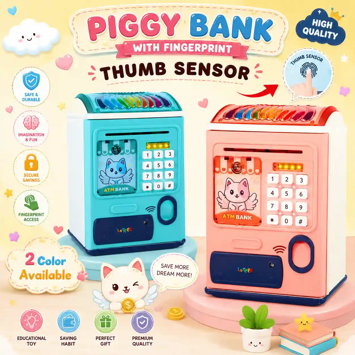 Electronic ATM Money Saving Bank for Kids | Digital Mini Safe Piggy Bank with Fingerprint Lock