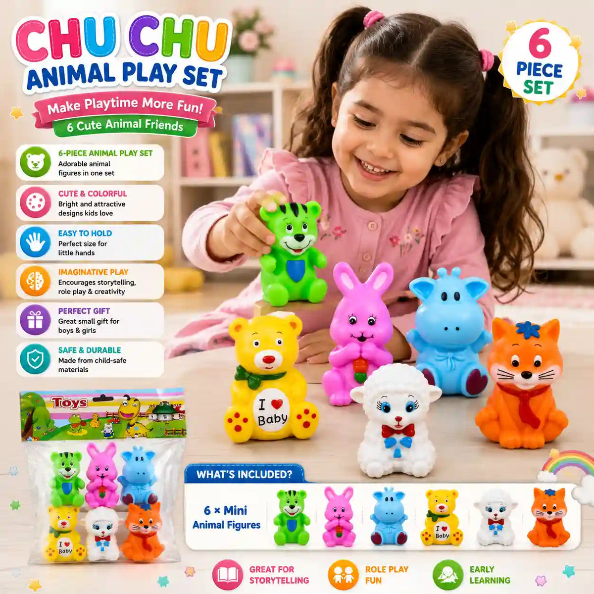 Chu Chu Animal Play Set – 6-Piece Colorful Mini Animal Figures