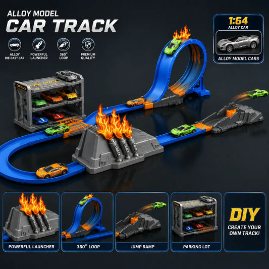 Alloy Car Track Set – Stunt Racing Track with Loop, Launchpad & Jump Ramp