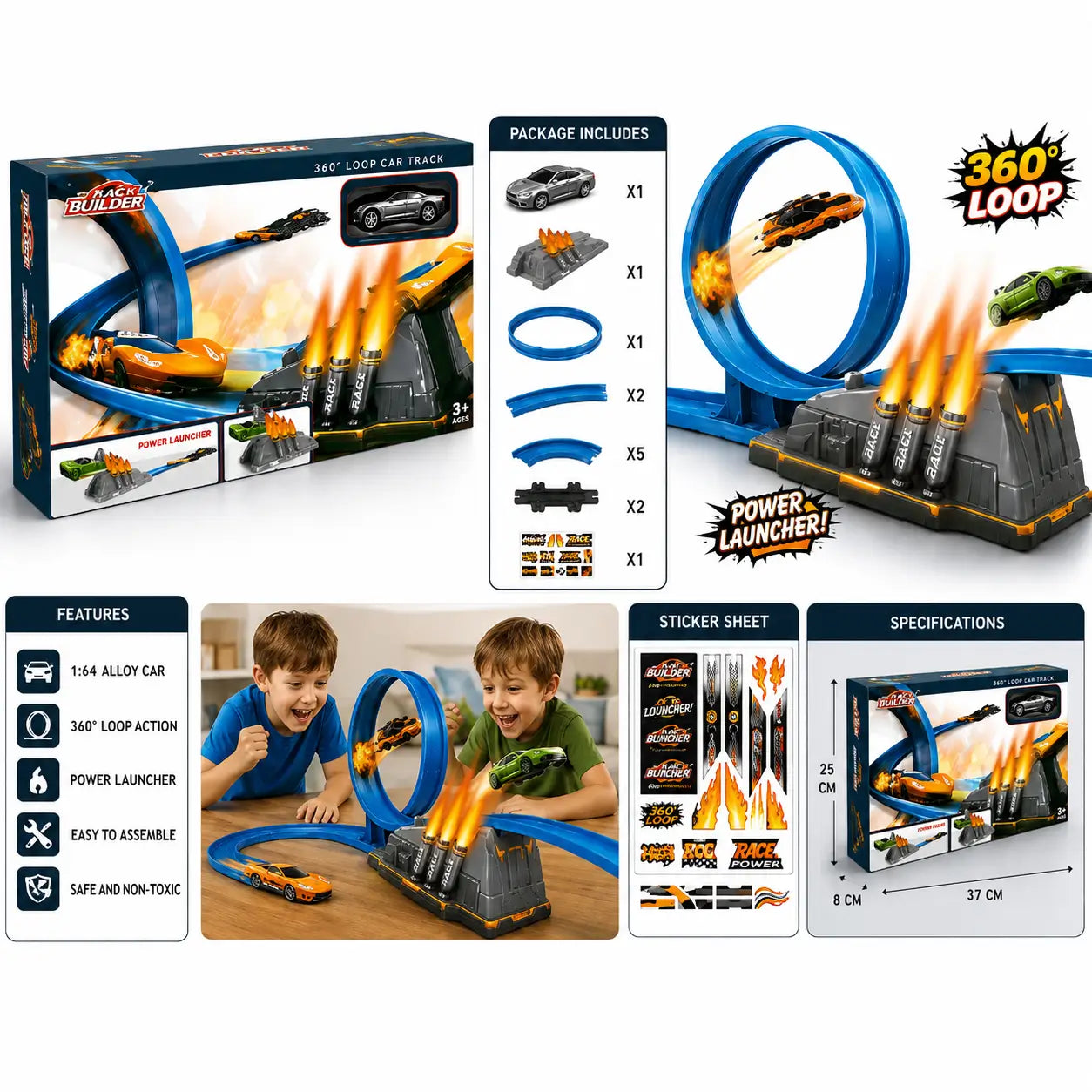Alloy Car Track Set – Stunt Racing Track with Loop, Launchpad & Jump Ramp