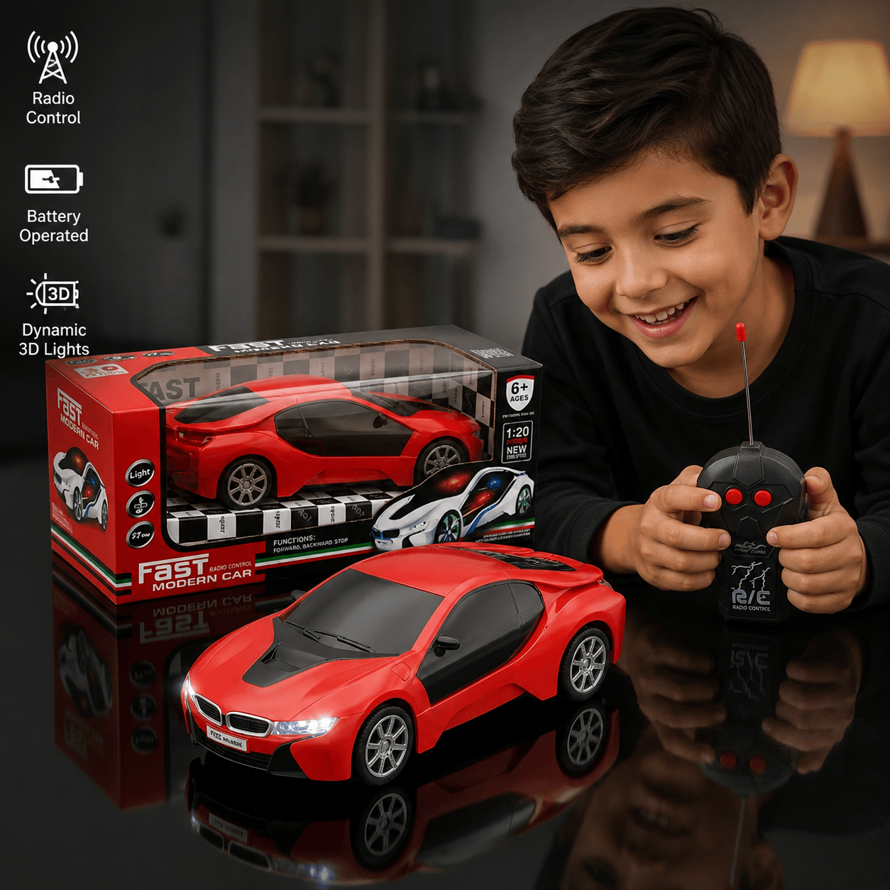 Fast Modern RC Car – 1:20 Scale Remote Control Sports Car with LED Lights (Red)
