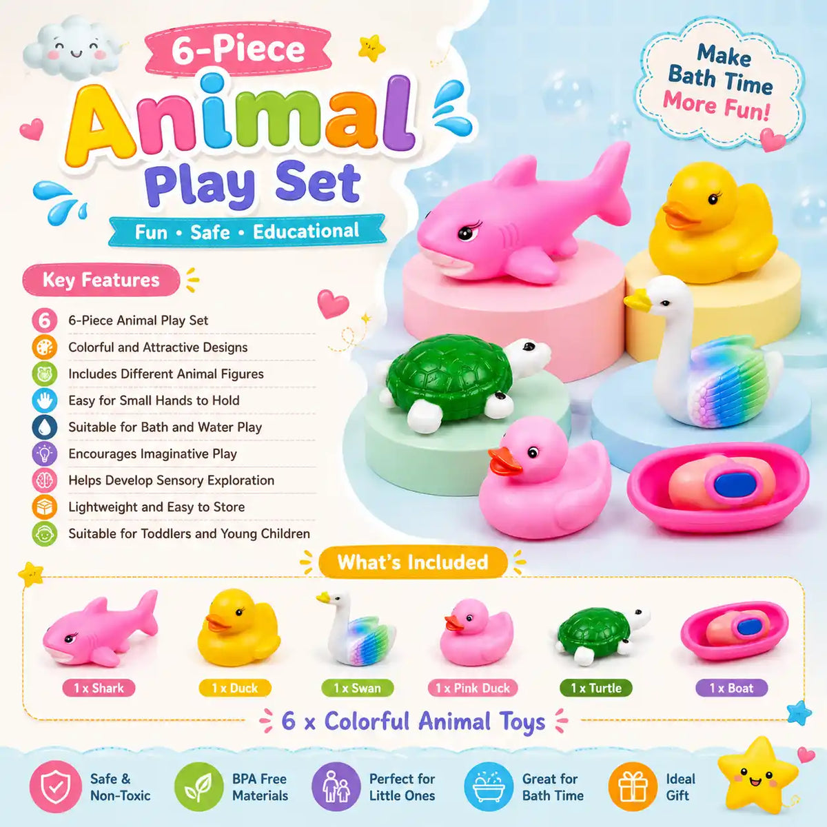Chu Chu 6-piece colorful animal bath toy set for kids