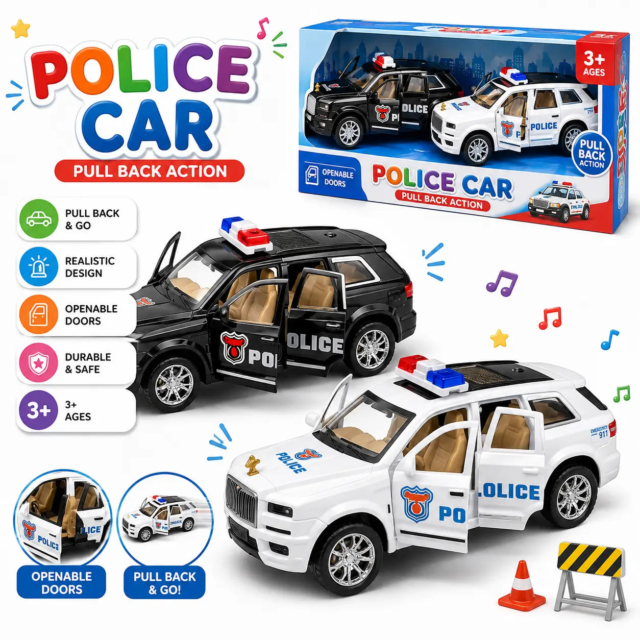 Die-Cast Police SUV Toy Car with Pull Back Action for Kids