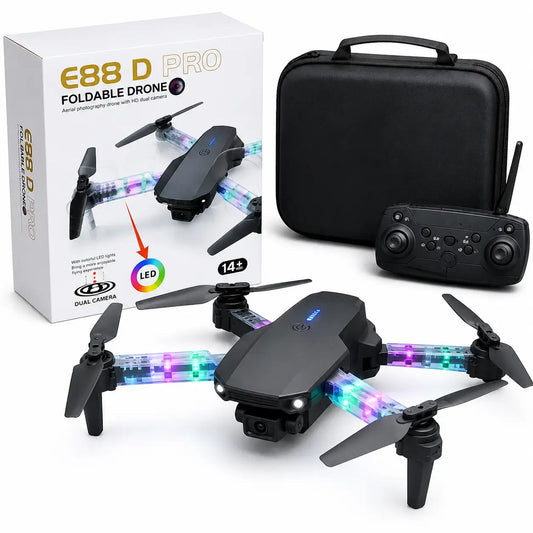 E88 Pro foldable drone with HD camera, remote controller, LED lights, and carrying case