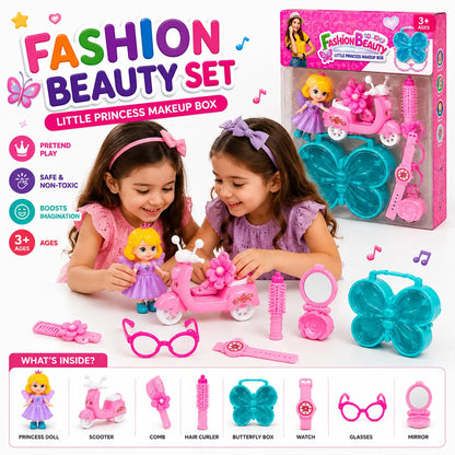 Fashion Beauty Princess Makeup Play Set with Doll, Scooter and Beauty Accessories for Girls