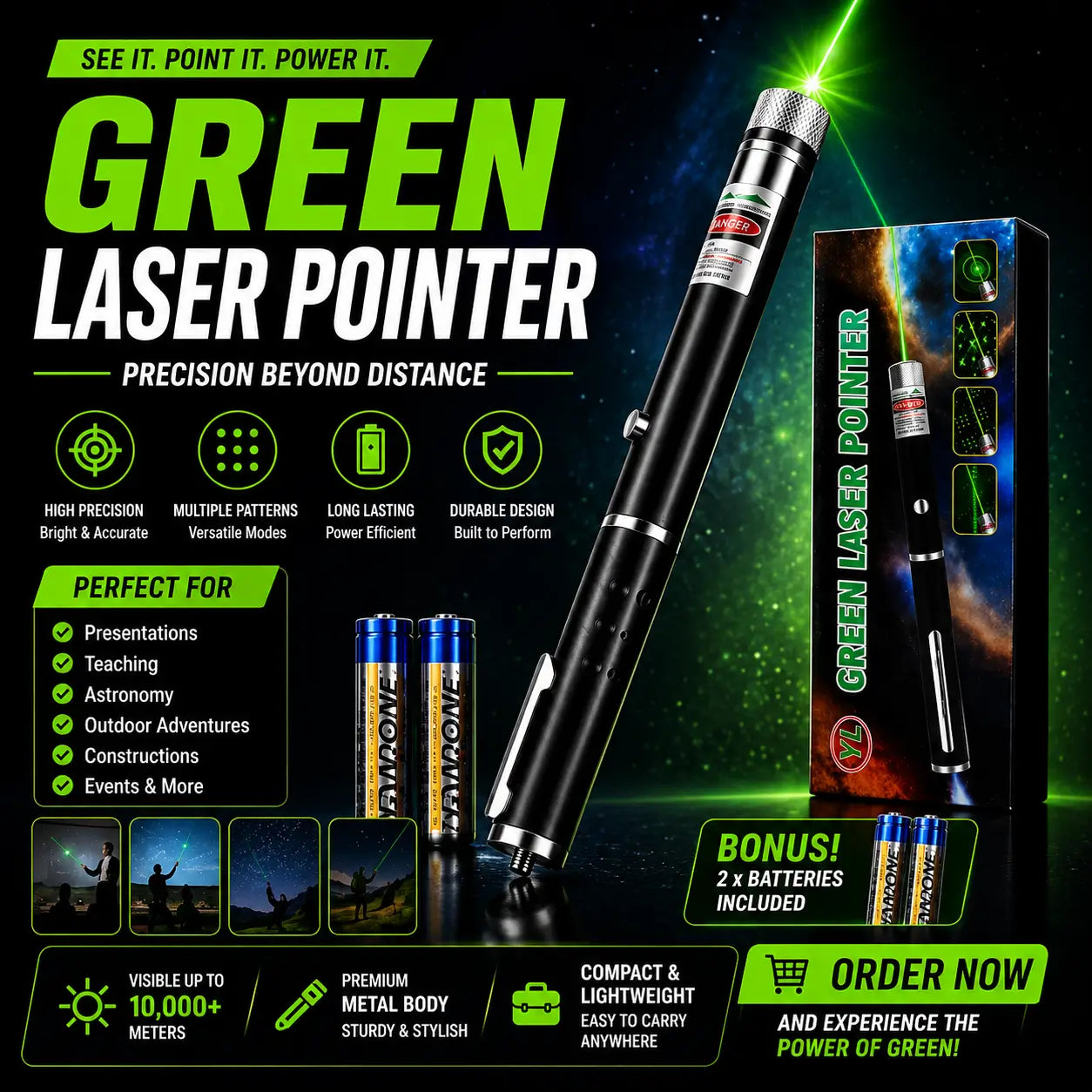 Green Laser Pointer with Multiple Pattern Caps | Battery Operated Laser Pen