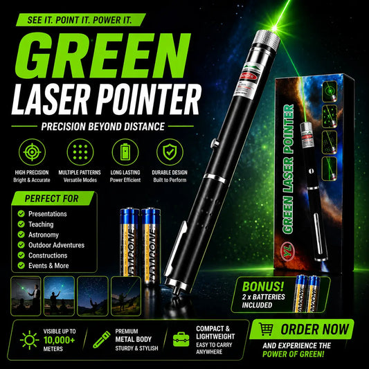 Green Laser Pointer with Multiple Pattern Caps | Battery Operated Laser Pen
