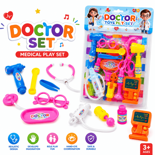 Kids doctor play kit with colorful pretend medical equipment and accessories