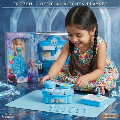Kids kitchen play set with toy stove, cookware, sink and colorful cooking accessories