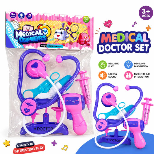 Kids medical doctor play set with toy stethoscope, syringe, thermometer, and pretend medical accessories
