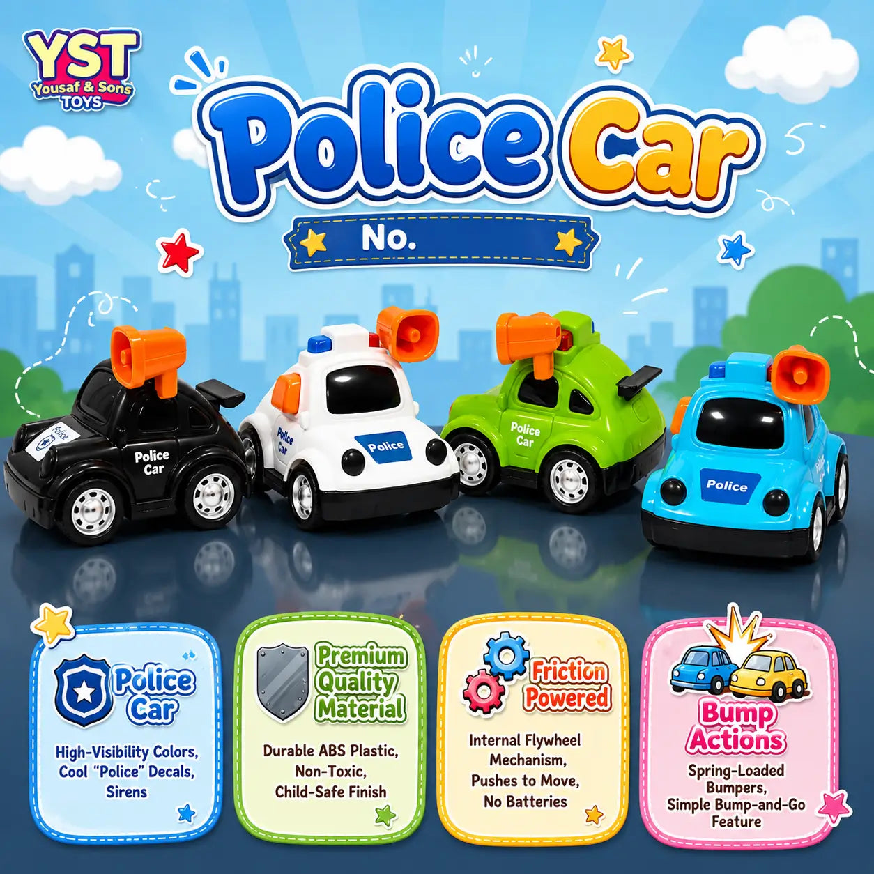 Police Car Toy No. 0412 friction-powered bump and go toy car for kids