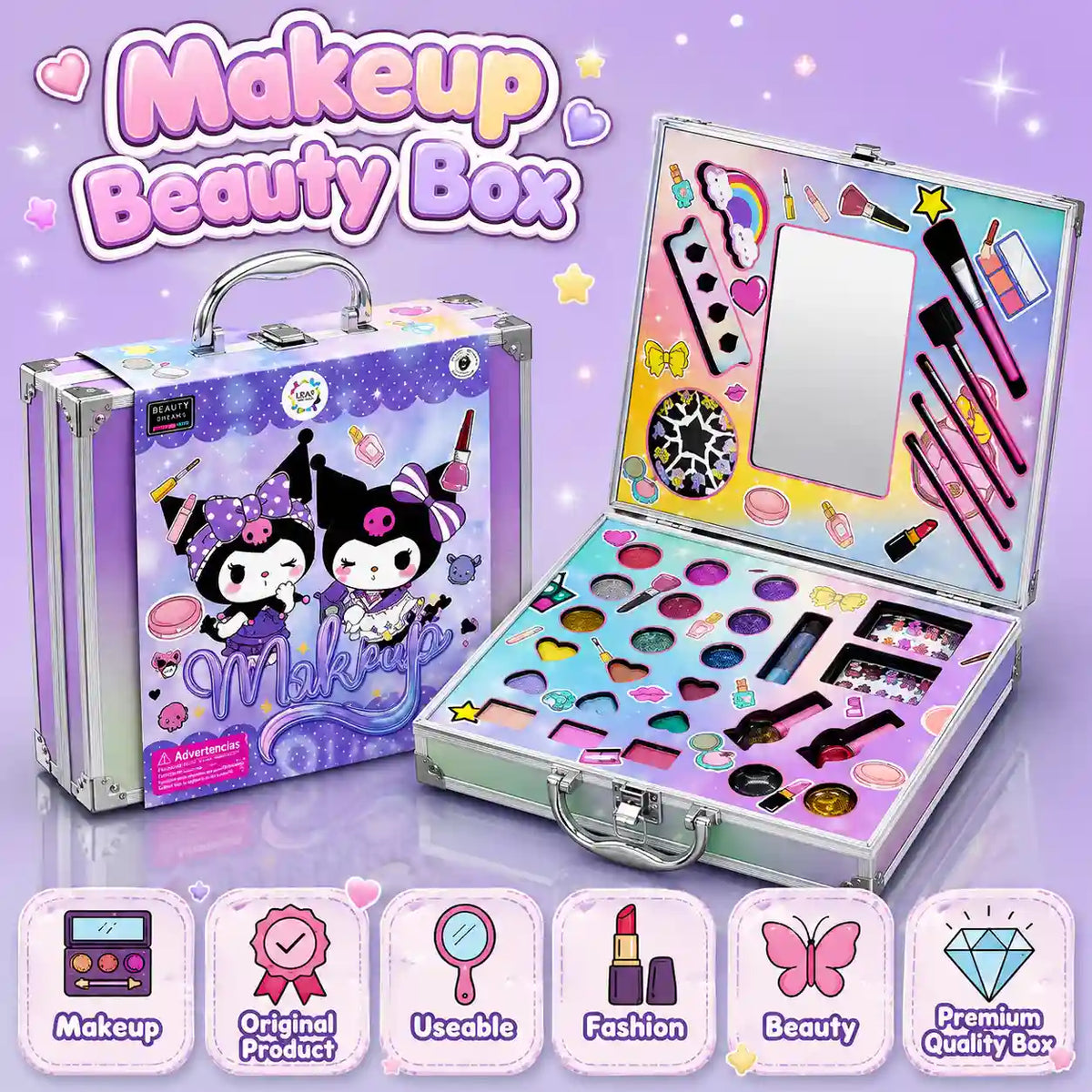 Portable kids makeup beauty play set with colorful makeup accessories and suitcase case