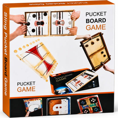 Pucket Board Game tabletop set with wooden-style board and colorful pucks