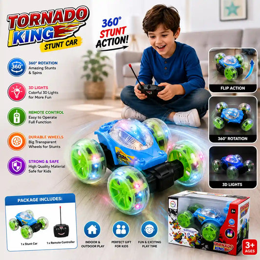 Rechargeable RC stunt car with remote control, LED lights and green wheels
