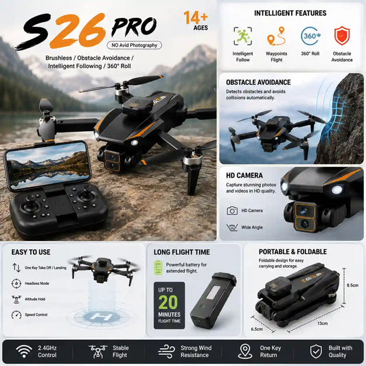 S26 Pro quadcopter drone with its remote controller, shown in a feature infographic with text highlighting intelligent features, obstacle avoidance, HD camera, easy to use, long flight time, and portable foldable design.