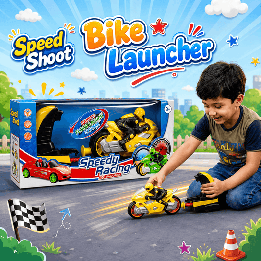 Speed Shoot Bike Launcher toy with yellow racing motorcycle and launcher for kids 3+ years
