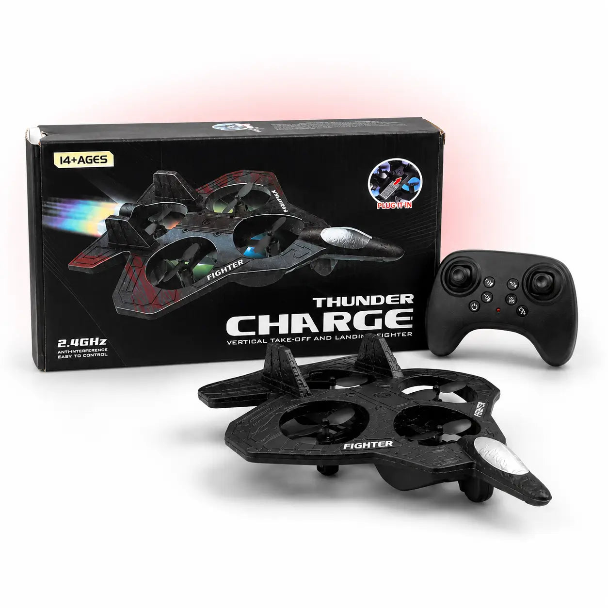 Thunder Charge 2.4GHz RC Fighter Jet Drone with Remote Control, Rechargeable LED Flying Toy