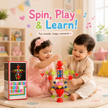 Two children sitting on a carpet in a bright playroom, playing with a colorful spinning musical toy. A product box is shown at the lower left, and promotional text reads 'Spin, Play & Learn!' with decorative music and heart icons.