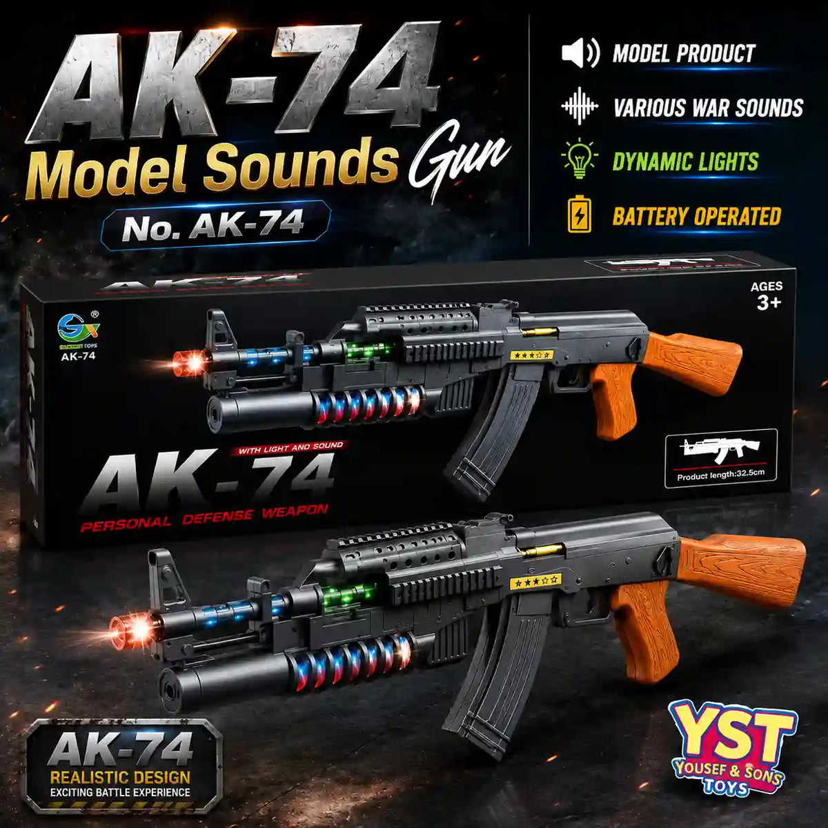 AK-74 toy gun set with its retail box, featuring a black body, brown wooden-style grip and stock, and colorful LED light accents on a dark promotional background with text callouts.